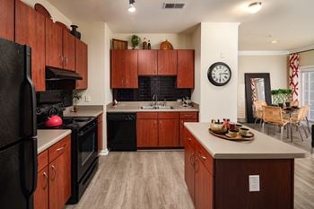 Black appliances w/ tiled kitchen backsplash